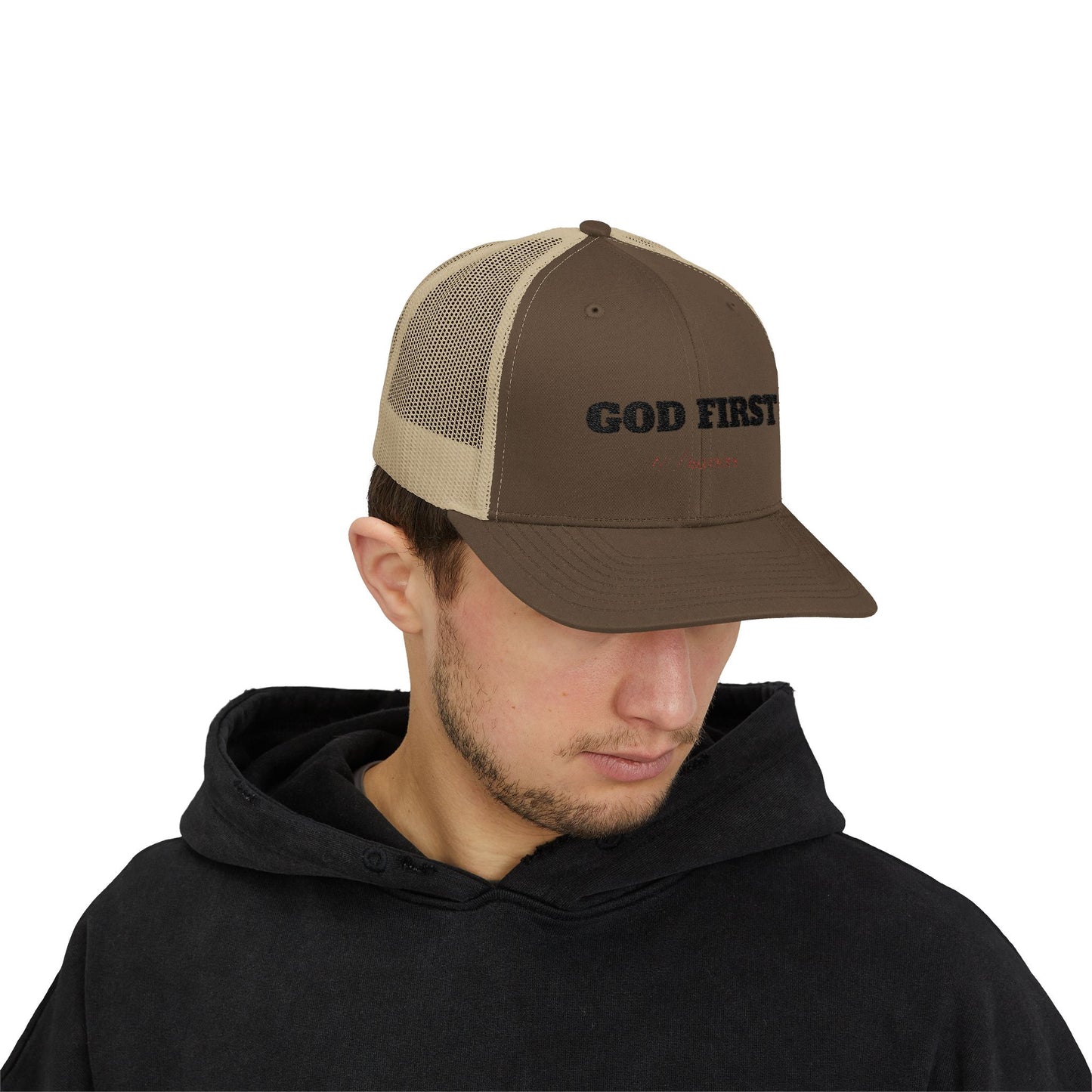 Faith-Inspired Snapback Trucker Cap - God First Hat, Adjustable Cap for Church Events, Casual Wear, Gift for Believers, Religious Fashion