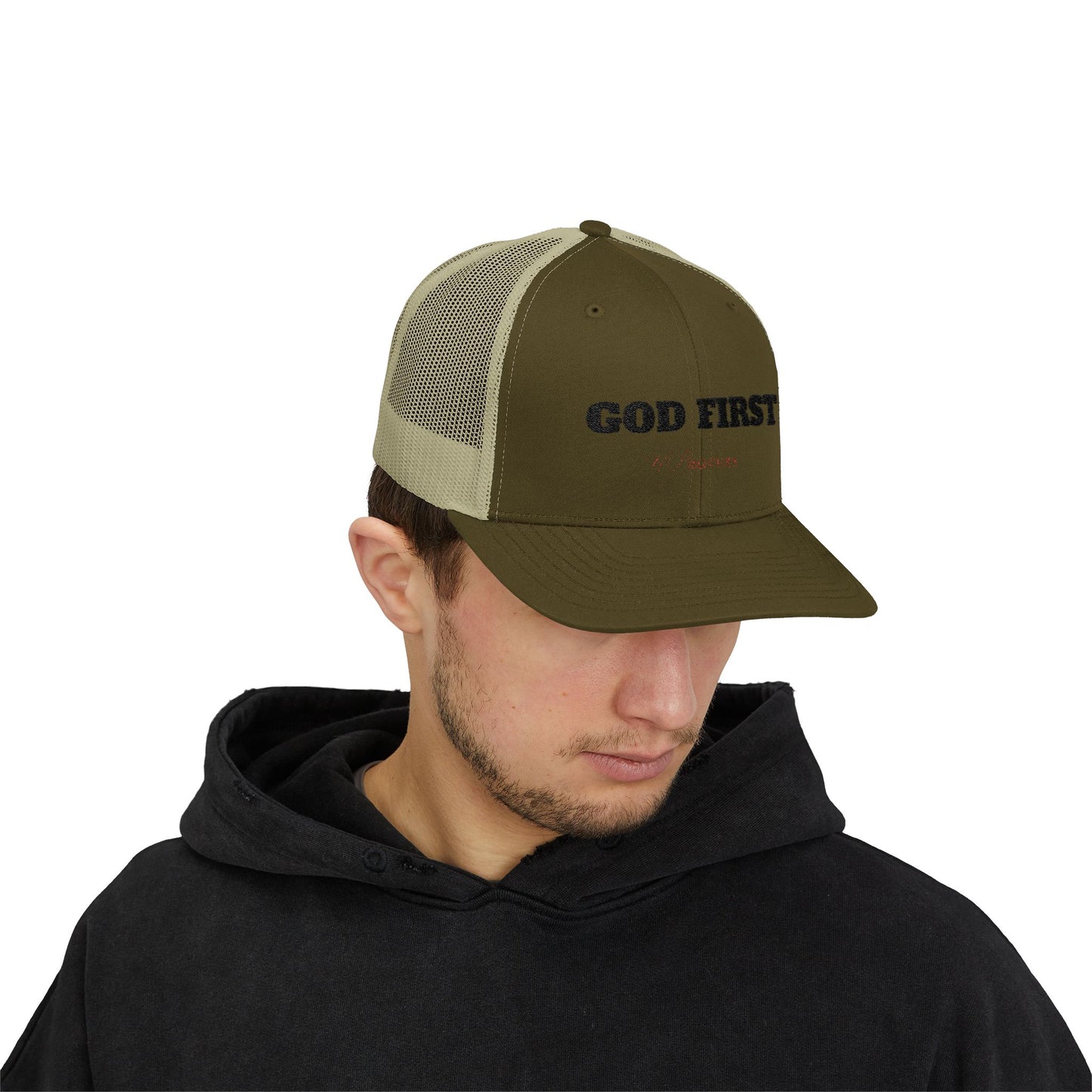 Faith-Inspired Snapback Trucker Cap - God First Hat, Adjustable Cap for Church Events, Casual Wear, Gift for Believers, Religious Fashion